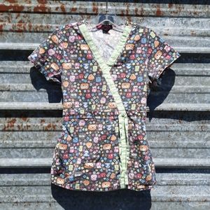 Colorful Owl Design Scrub Top